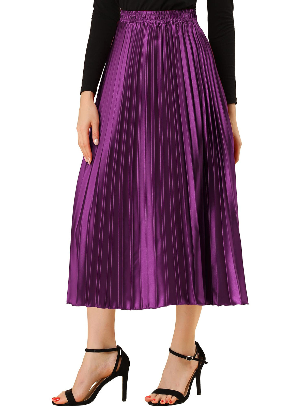 Allegra K Women Pleated Midi Skirt High Waisted Metallic Party Skirts