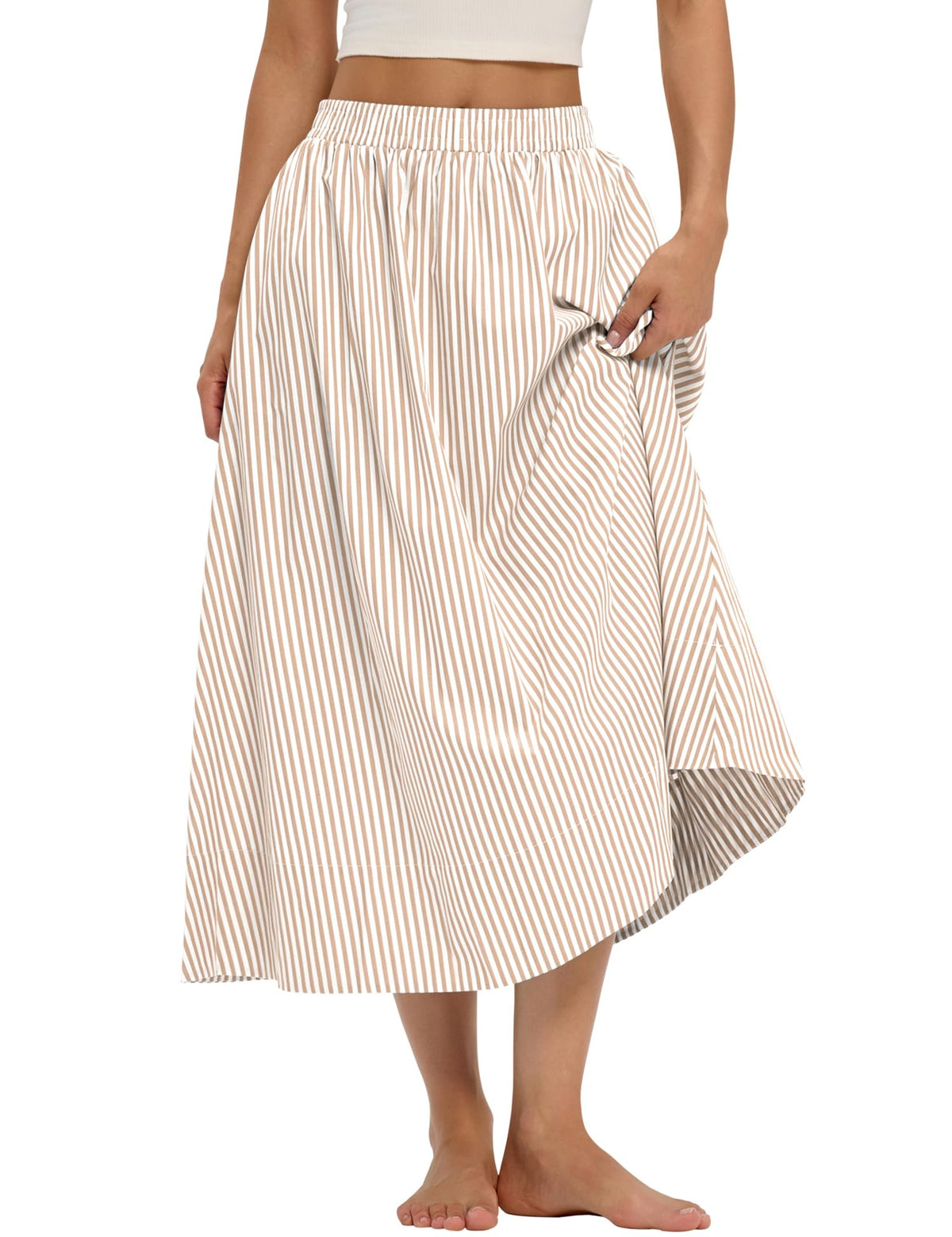 LOMON Midi Skirts for Women with Pockets A-Line Cotton Flowy Elastic Waist
