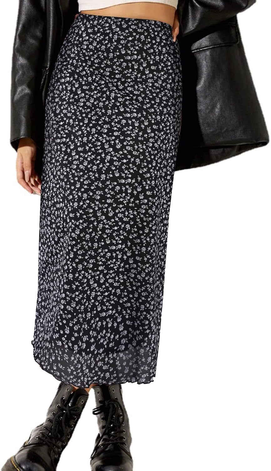 Avanova Women Mesh Floral Boho Midi Skirt High Waist Long Skirt