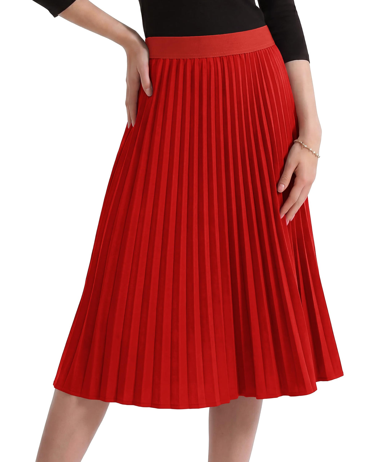 CZYINXIAN Pleated Midi Skirts for Women Elastic High Waist A-Line Skirt