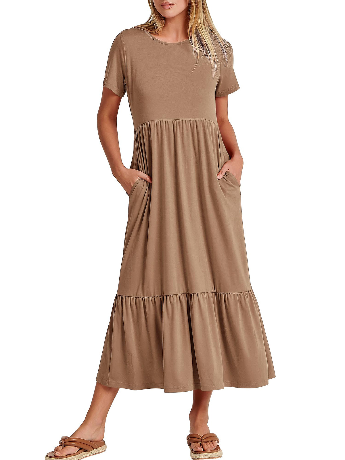 ANRABESS Womens 2026 Summer Casual Maxi Dress A line Tiered Flowy Short Sleeve Crewneck T Shirt Beach Travel Long Dresses