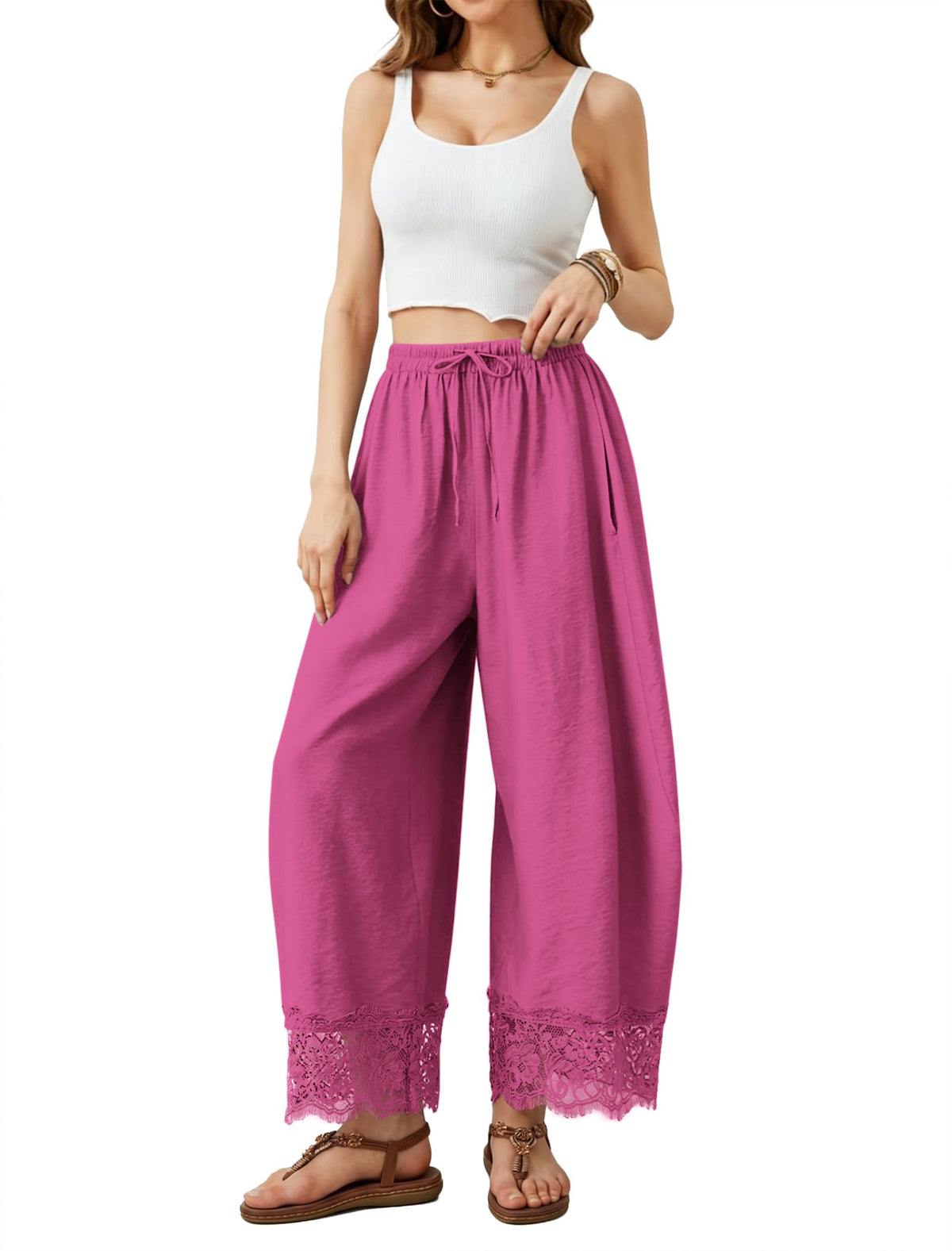 IWH Cropped Lace Trim Pants Women Wide Leg Barrel Silk Bottom Petite Length