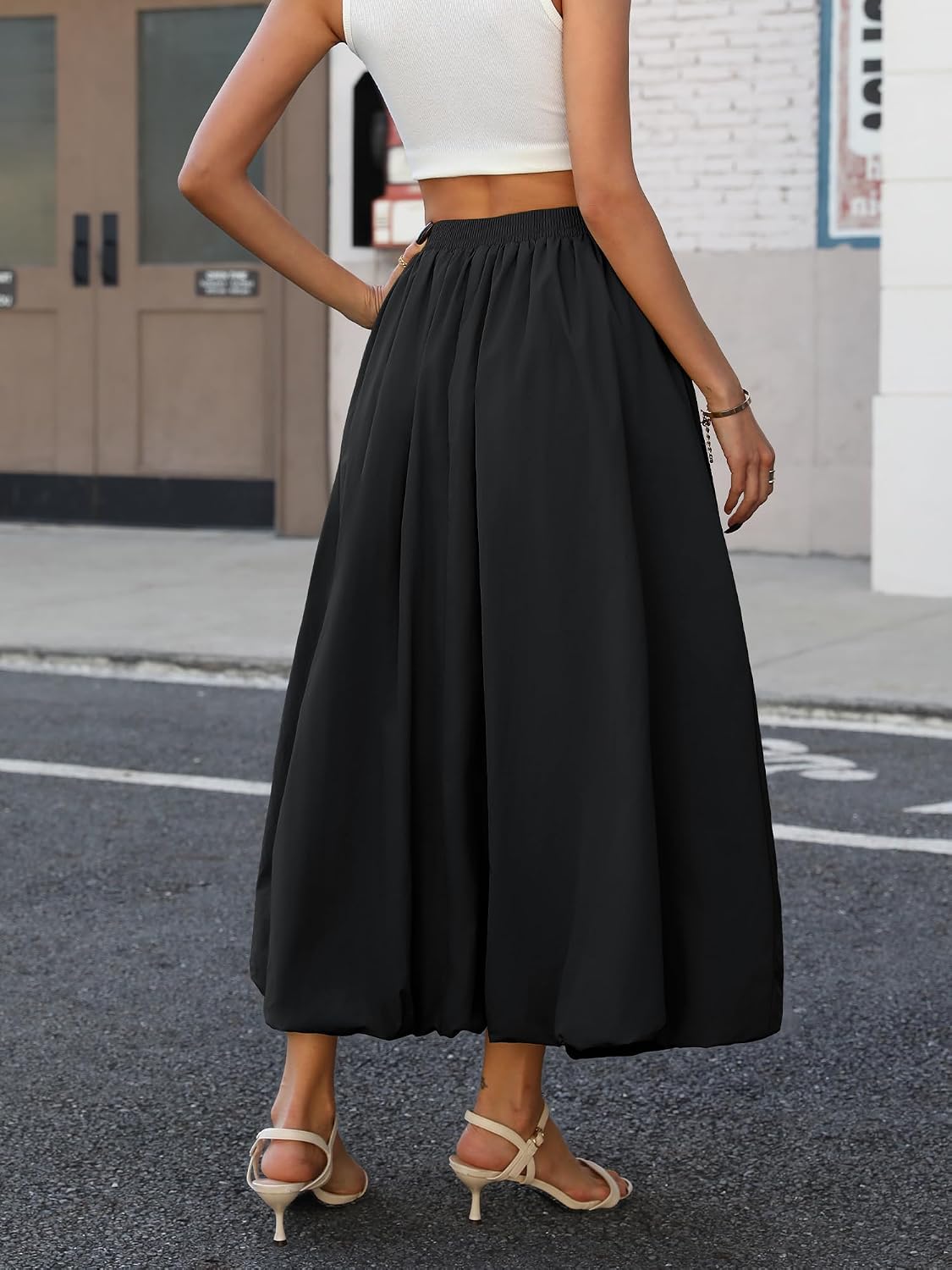 ELLEVEN Women's Bubble Maxi Skirt, Elastic Waist Puffy Hem A-Line Skirts