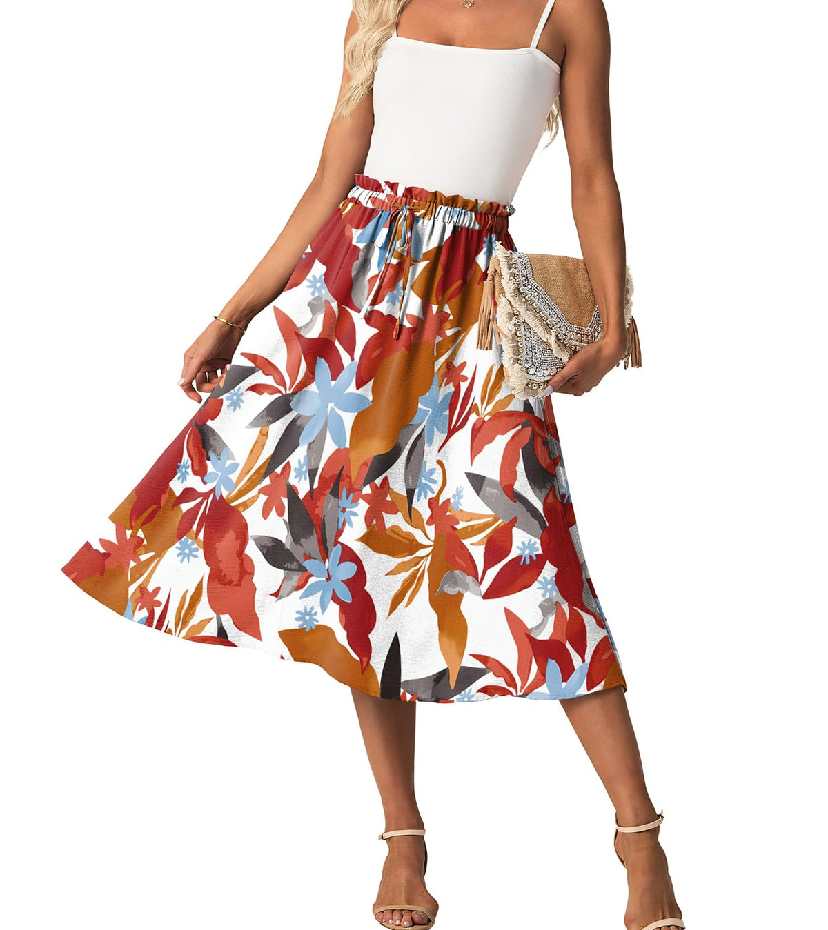 FREEOAK High Waist Skirts for Women Below Knee Casual Flowy Summer Midi Skirts Palazzo A-Line Long Skirt with Pockets