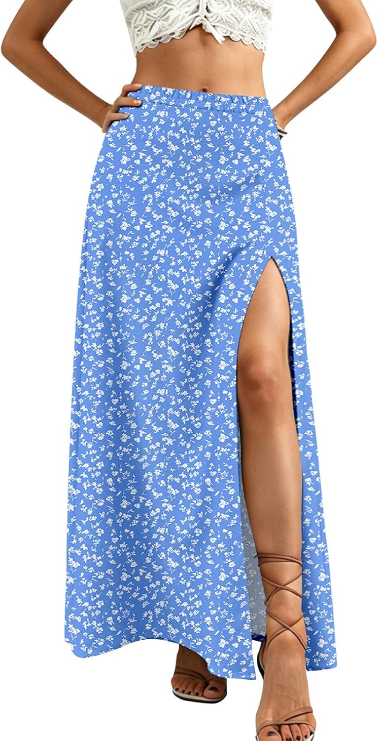 Women Summer Boho Floral Slit Maxi Skirt Split Thigh High Waisted Long Skirts