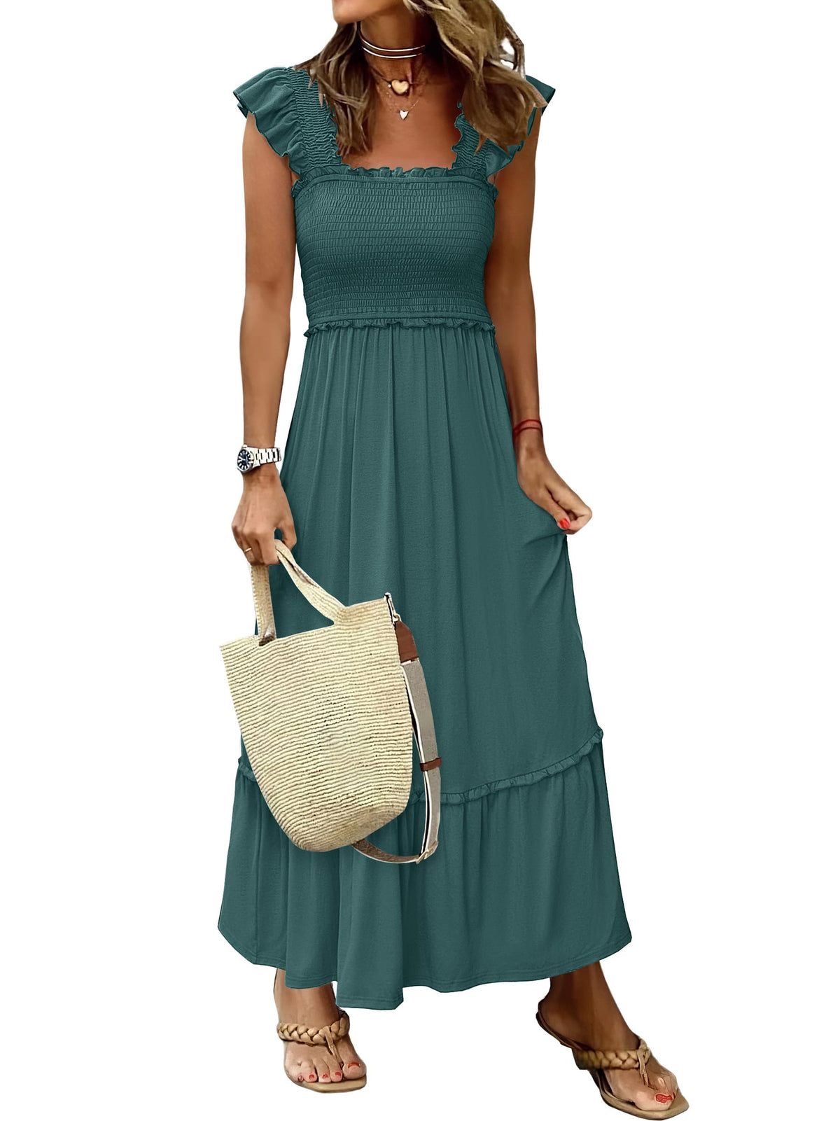 ANRABESS Womens Summer Sleeveless Maxi Dress Square Neck Smocked Boho Casual Ruffle Strap Flowy A-Line Long Beach Sundress