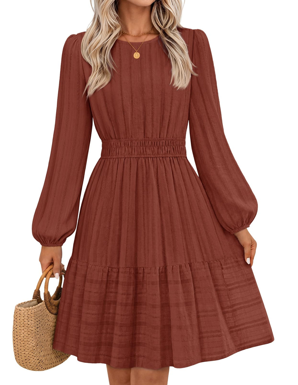 MEROKEETY Women's Fall Long Puff Sleeve Casual Boho Flowy Dress