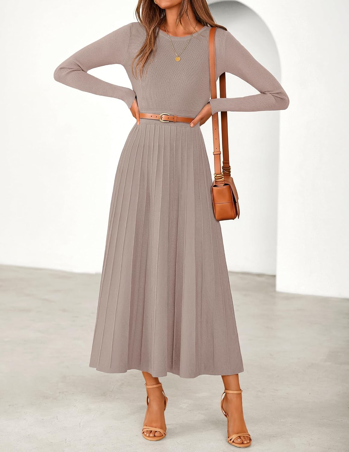 ZESICA Womens Fall Winter Pleated Cocktail Party Midi Sweater Dress