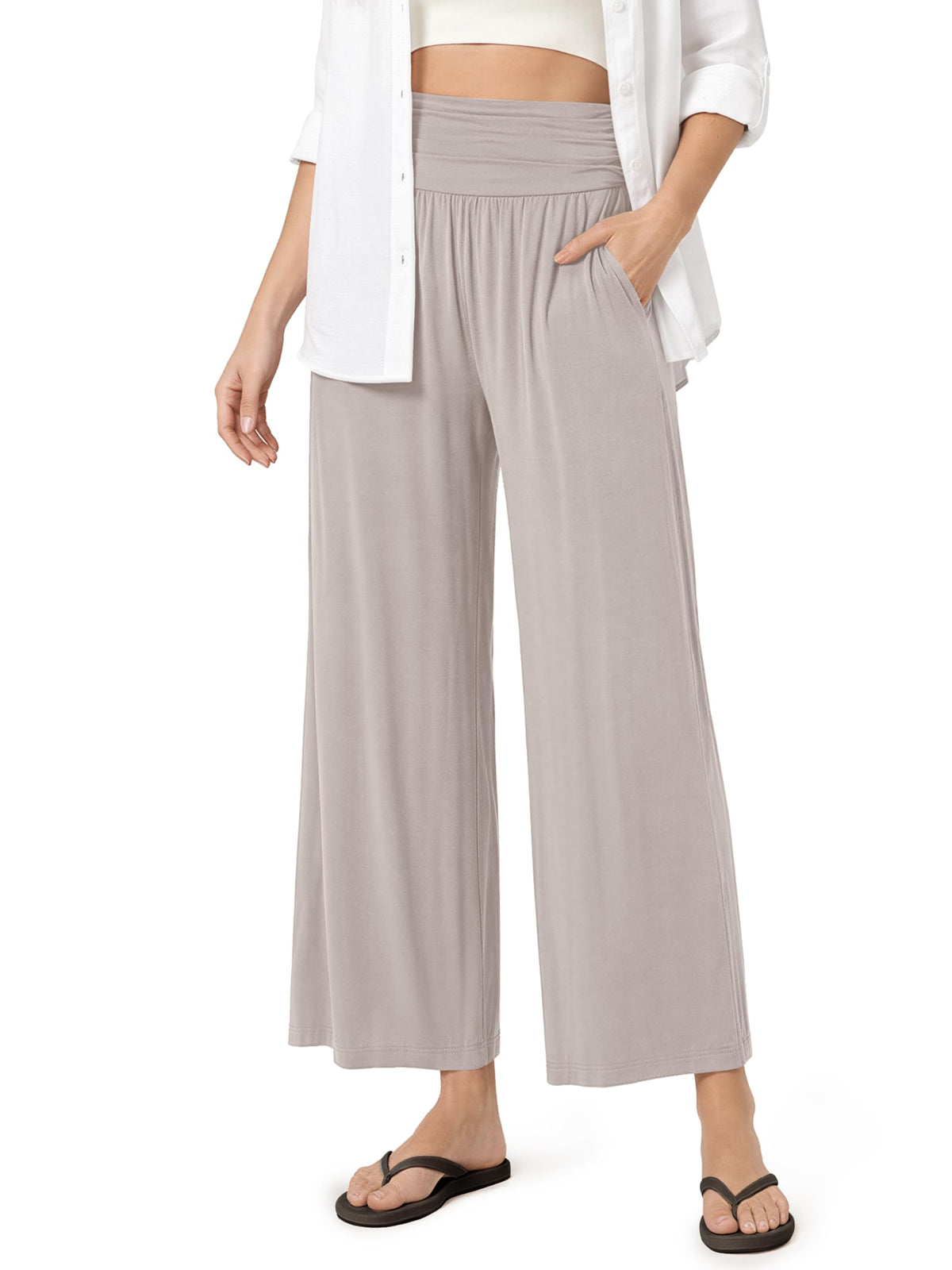 ODODOS Women's Wide Leg Palazzo Lounge Cropped Pants with Pockets Light Weight Comfy Pajama Capri Pants-20/22"/ 24" Inseam