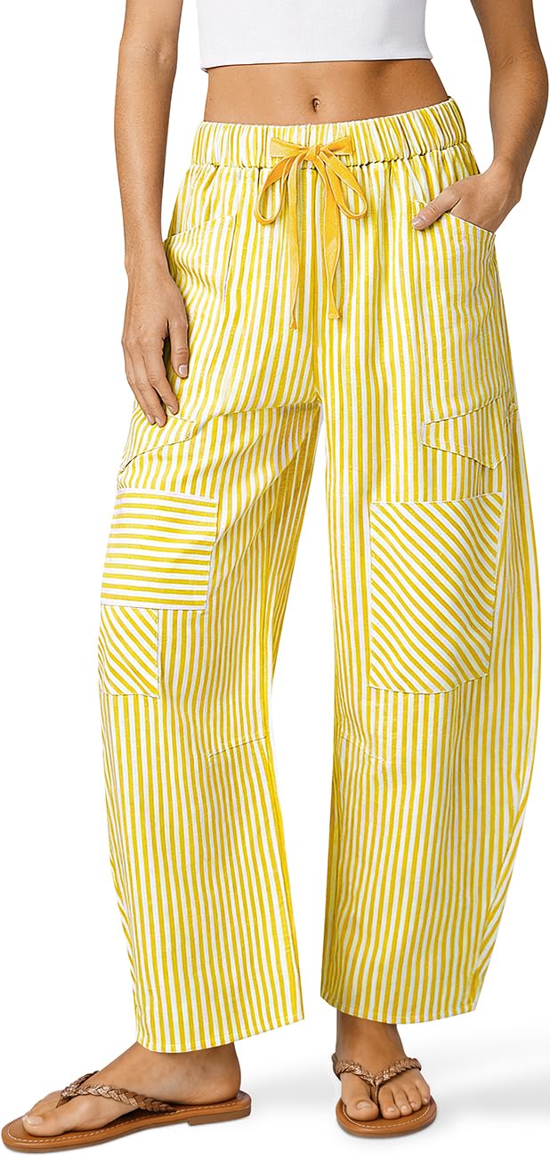 TARSE Womens Striped Linen Barrel Pants with Pockets Y2k Patchwork