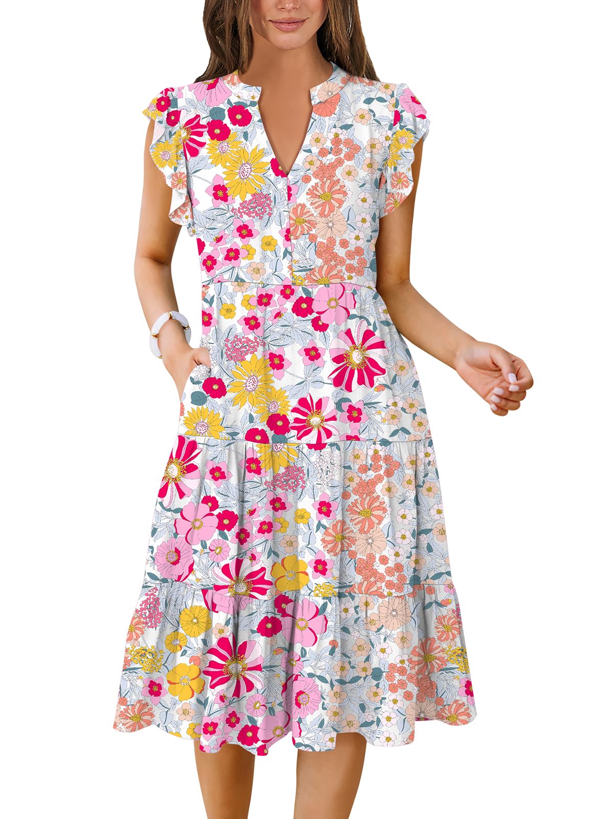 ANRABESS Womens Summer Dress Ruffle Sleeve V Neck Midi Dresses