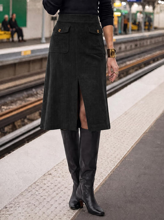 Cicy Bell Women Corduroy Midi Skirt Fall A-Line Front Slit Skirts