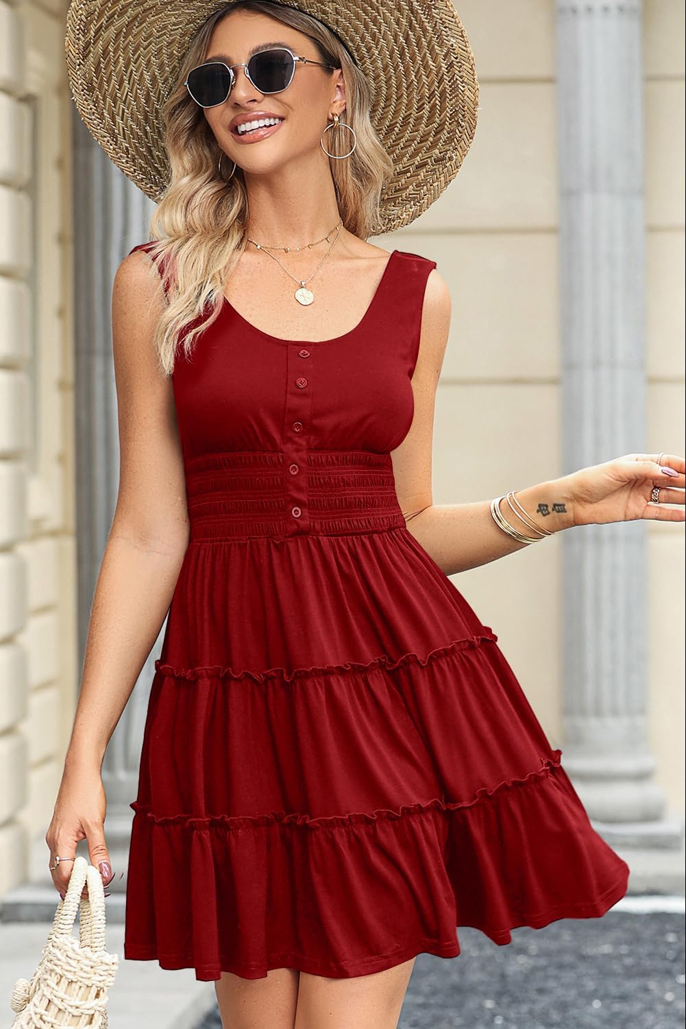 Dokotoo Womens Summer Dresses 2026 Sleeveless Button Down Smocked Empire Waist Ruffle Tiered Casual Swing Mini Dress