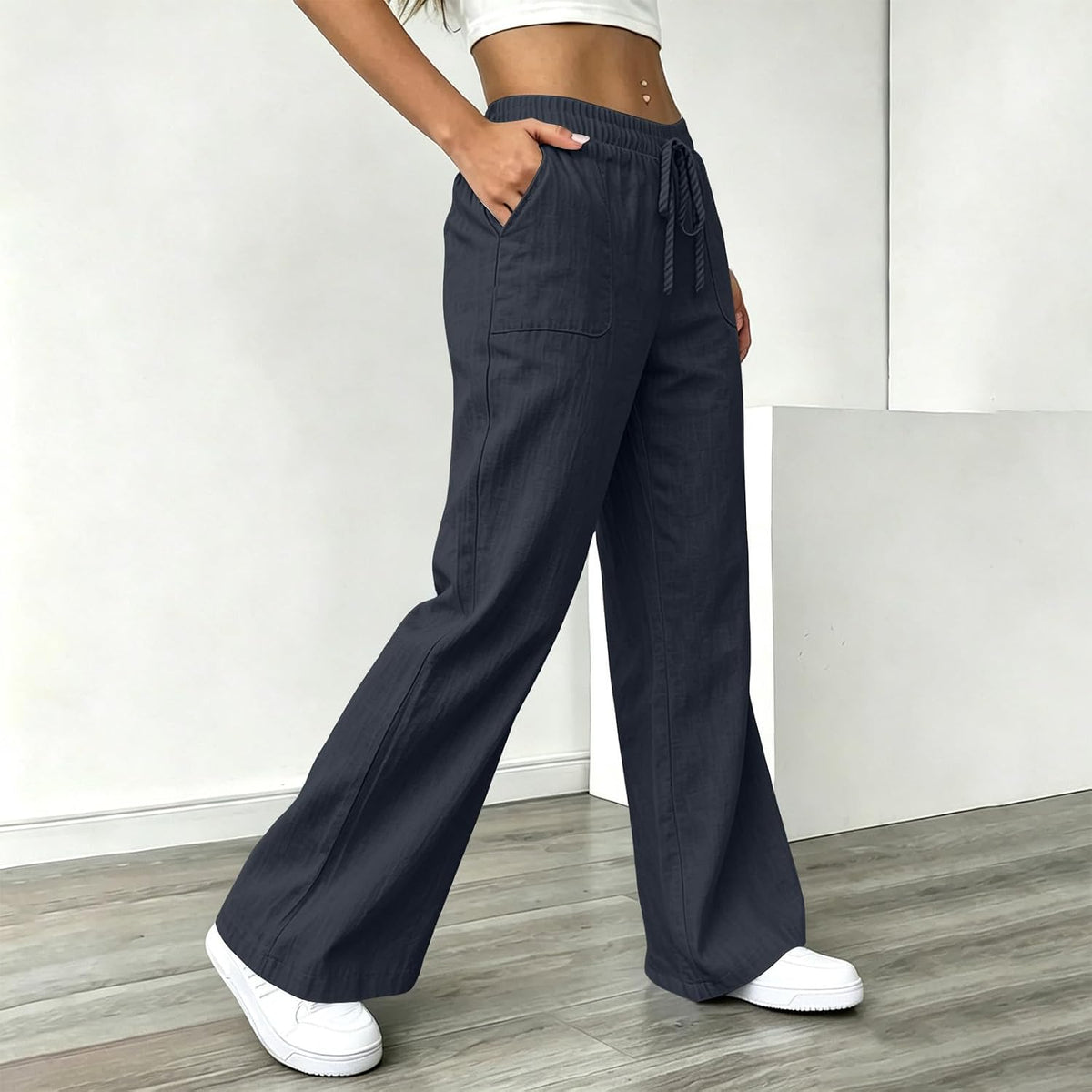 YRAETENM Wide Leg Linen Pants for Women Drawstring High Waisted Trousers