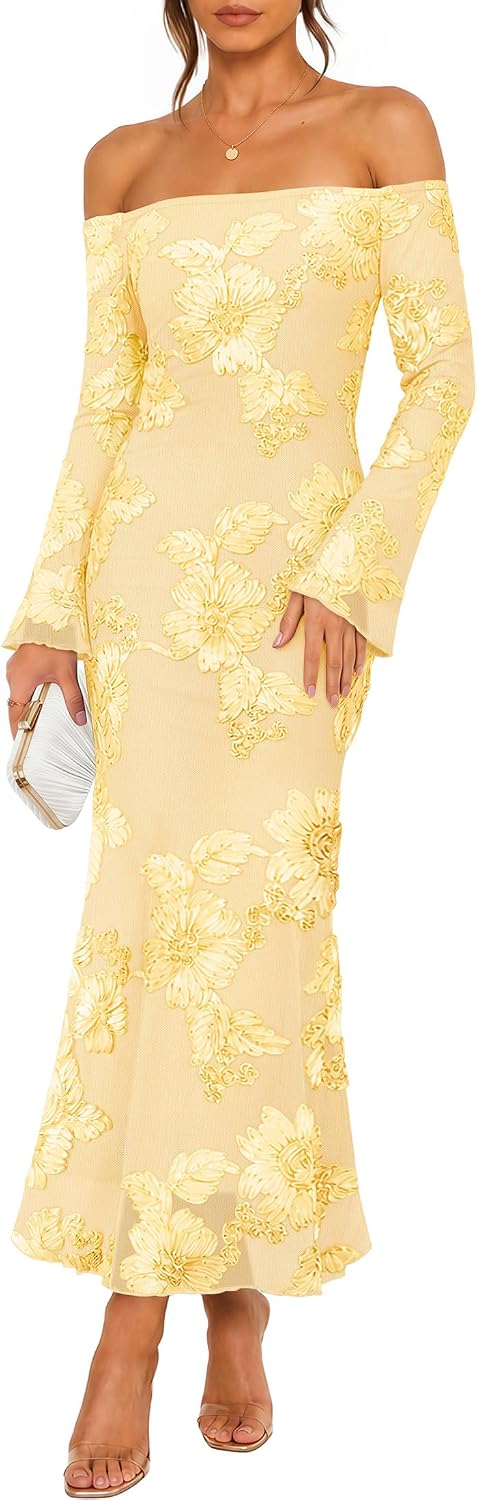 ZESICA Women's Fall Off Shoulder Floral Wedding Guest Maxi Dresses
