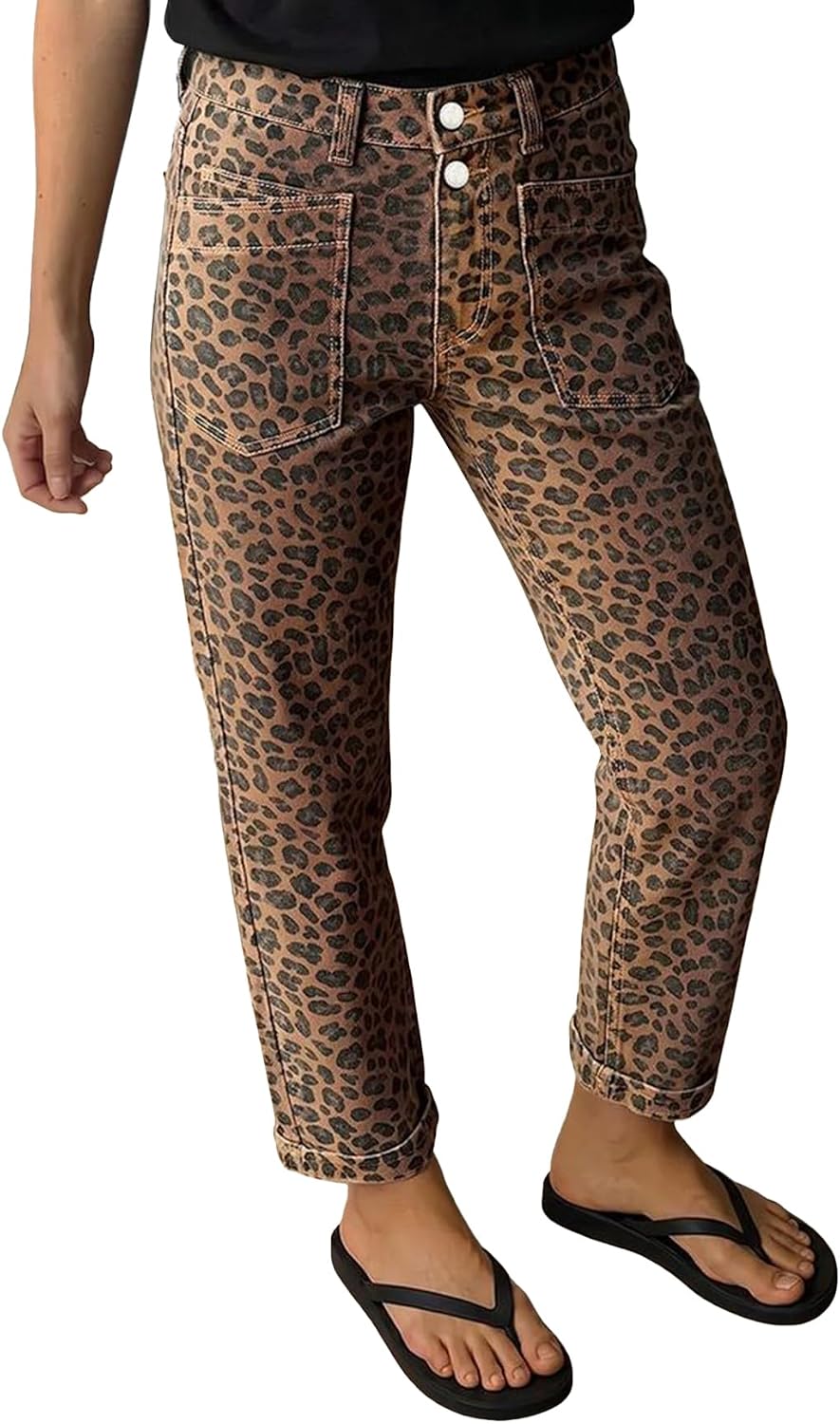 Flamingals Mid Waist Cropped Straight Leg Pants for Women