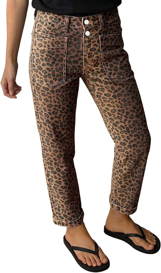 Flamingals Mid Waist Cropped Straight Leg Pants for Women