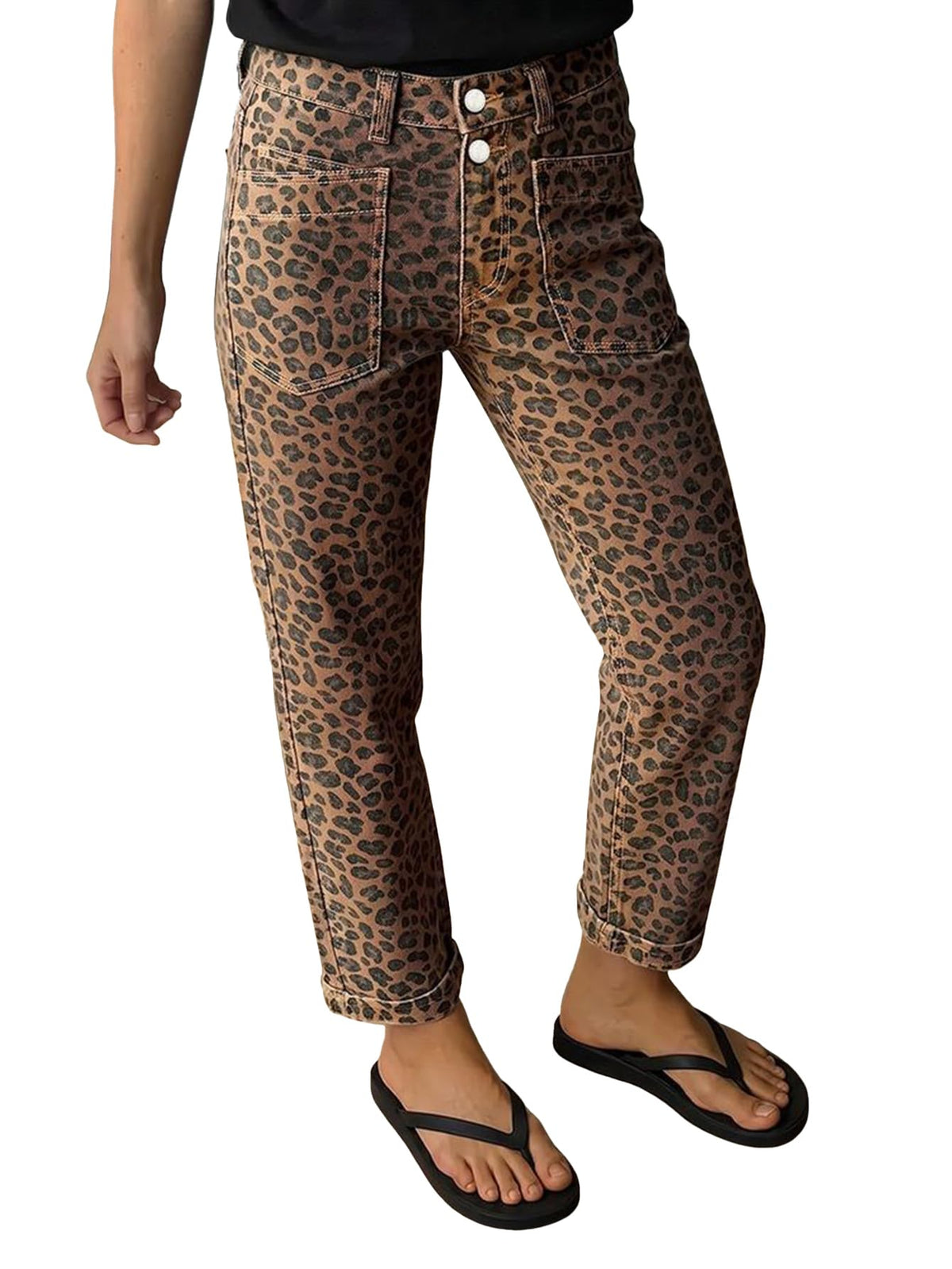 Flamingals Mid Waist Cropped Straight Leg Pants for Women