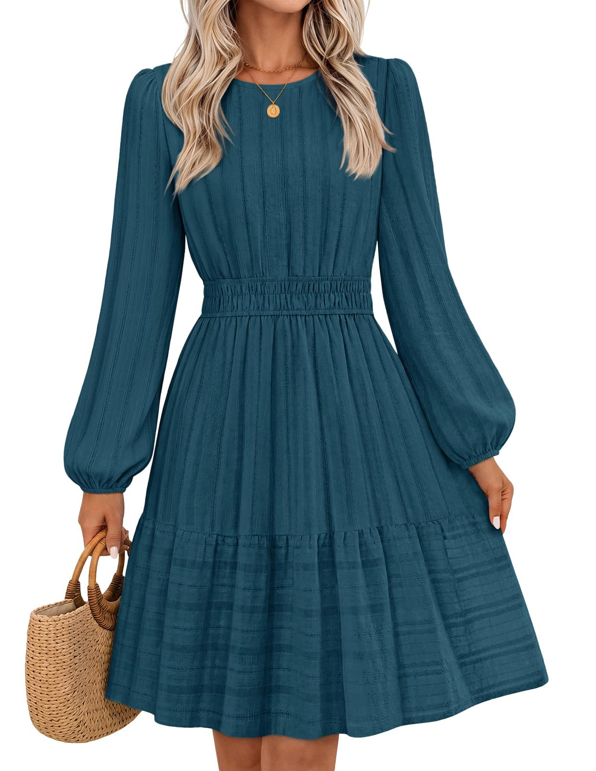 MEROKEETY Women's Fall Long Puff Sleeve Casual Boho Flowy Dress