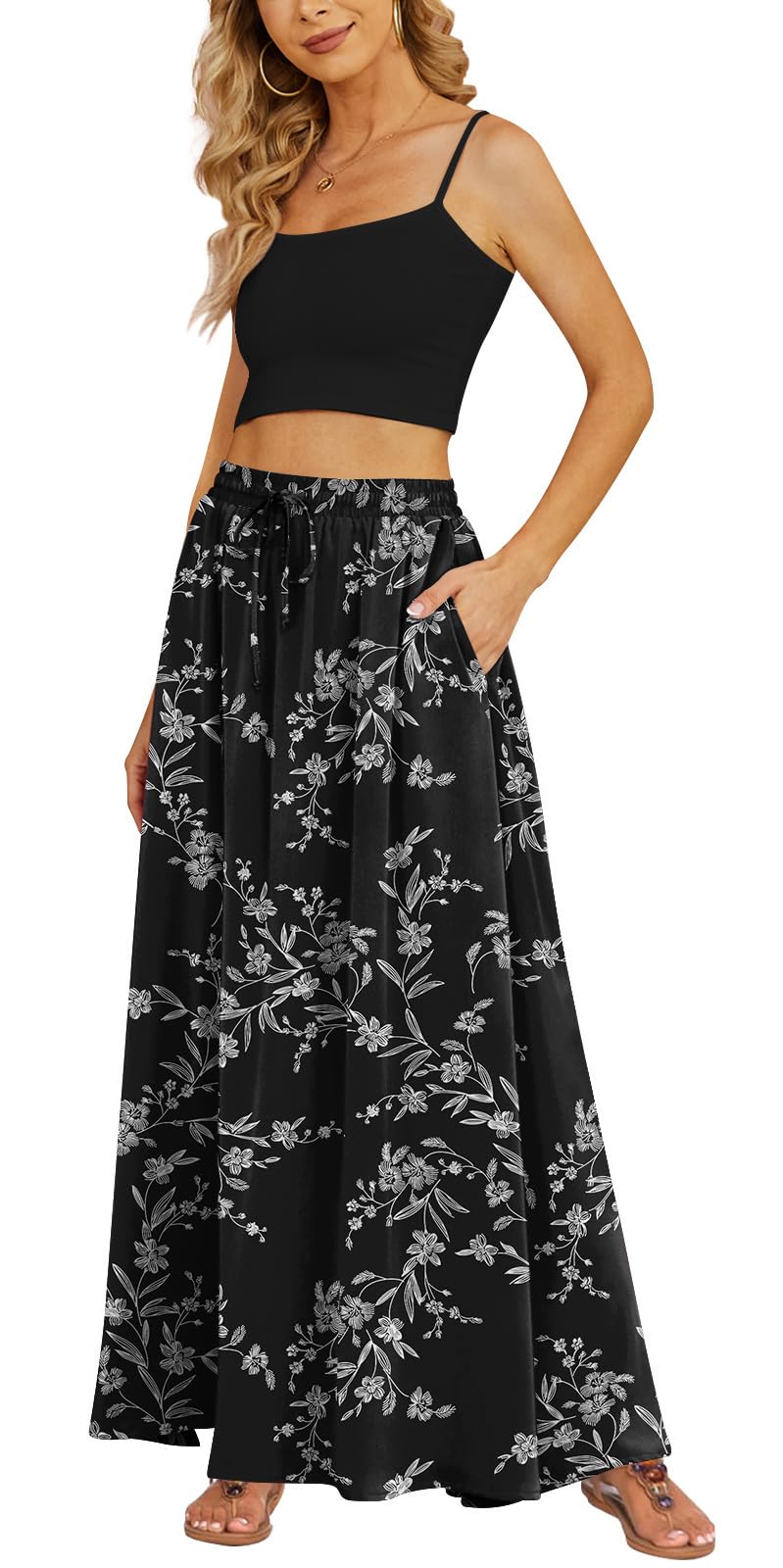 Yincro Women's Maxi Skirt Flowy High Waist Casual Long Skirts with Pockets