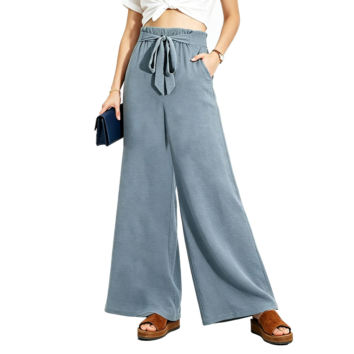 Women Wide Leg Casual Pants High Waist Flowy Palazzo Trousers Adjustable Knot Stylish Lounge Business Pants with Pockets