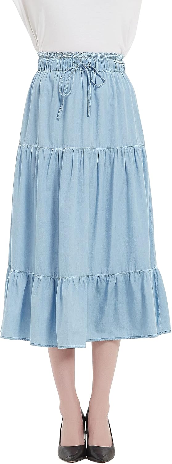 Tronjori Womens A Line Long Midi Denim Skirt Tired Layers with Drawstring