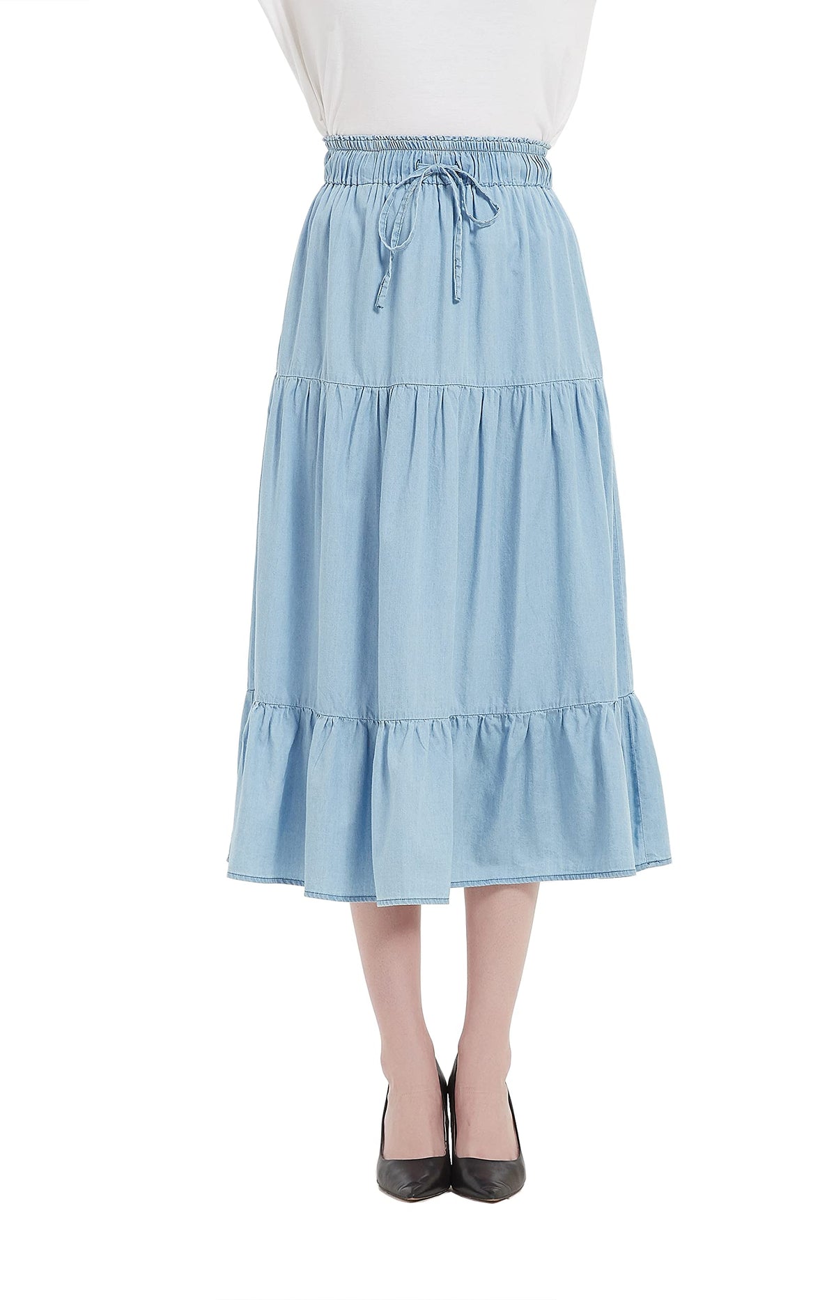 Tronjori Womens A Line Long Midi Denim Skirt Tired Layers with Drawstring