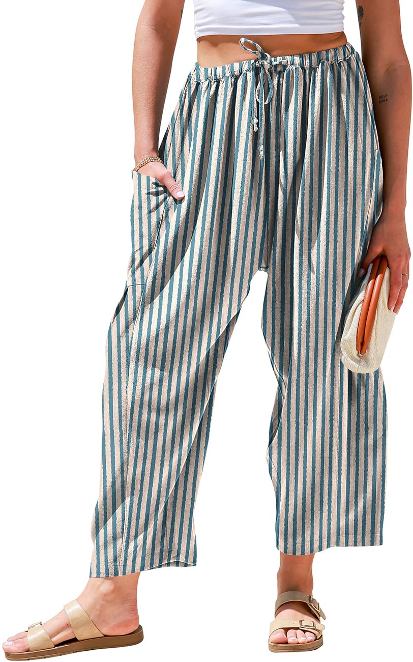 TARSE Womens Wide Leg Striped Linen Pants with Pocket