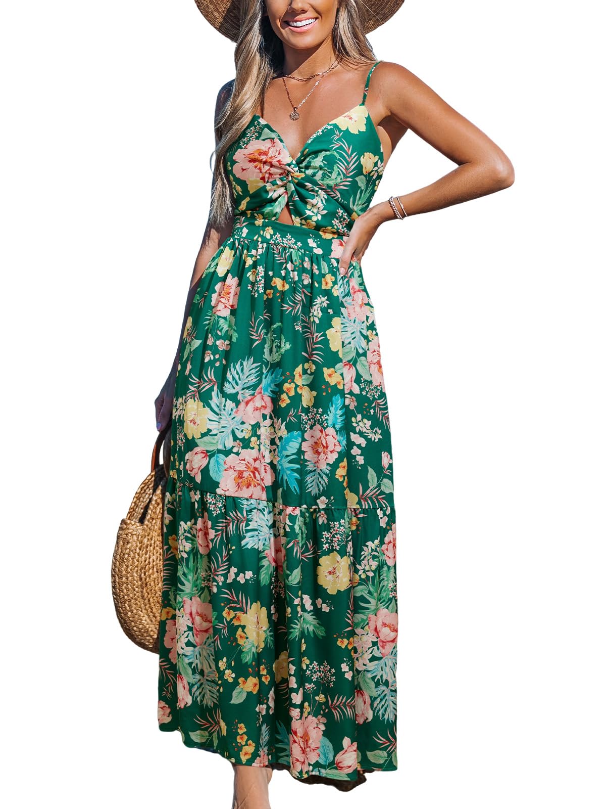 CUPSHE Women's Maxi Dress Floral Print Twisted V Neck Sleeveless Long Dress Summer Casual Dress