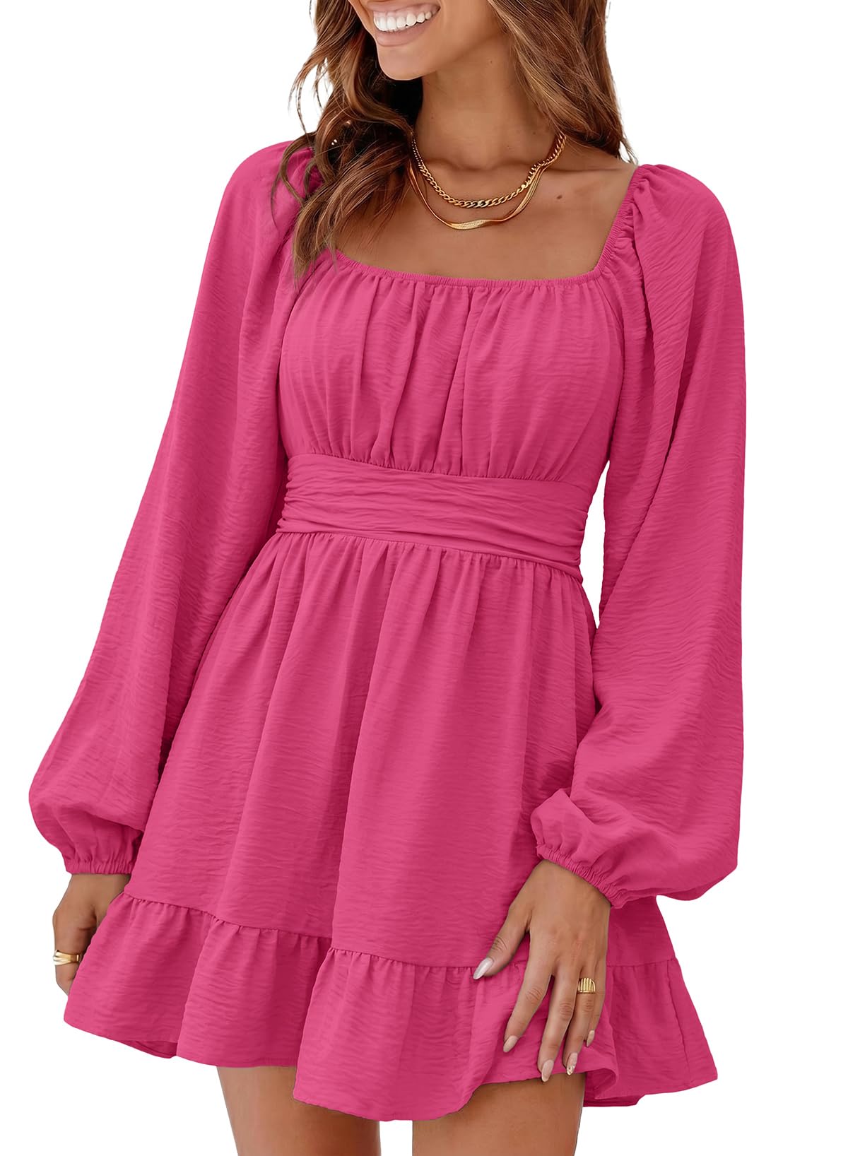 Dokotoo Womens Dress Lantern Sleeve Elastic Waist Tie Backless Mini Dress