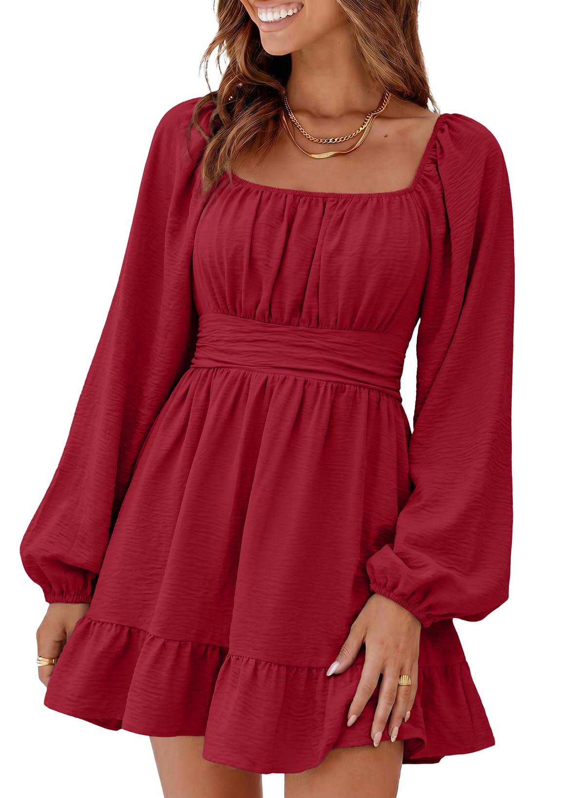 Dokotoo Womens Dress Lantern Sleeve Elastic Waist Tie Backless Mini Dress
