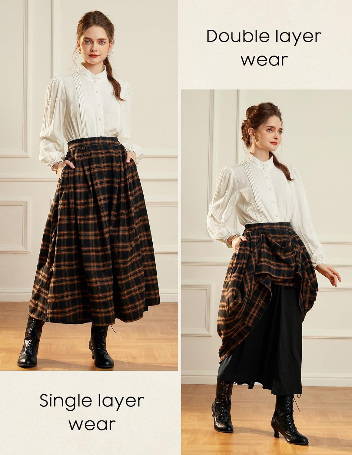 Scarlet Darkness Plaid Skirts for Women High Waist Layered Long Skirt