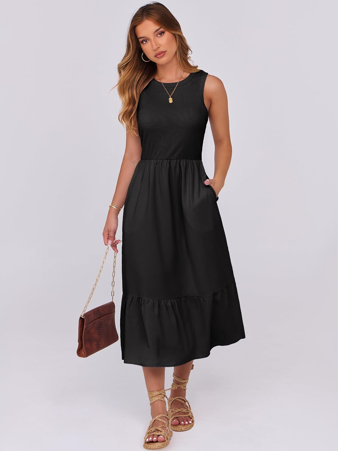 ANRABESS Womens Summer Dresses Casual Beach Tank Midi Sundress with Pockets