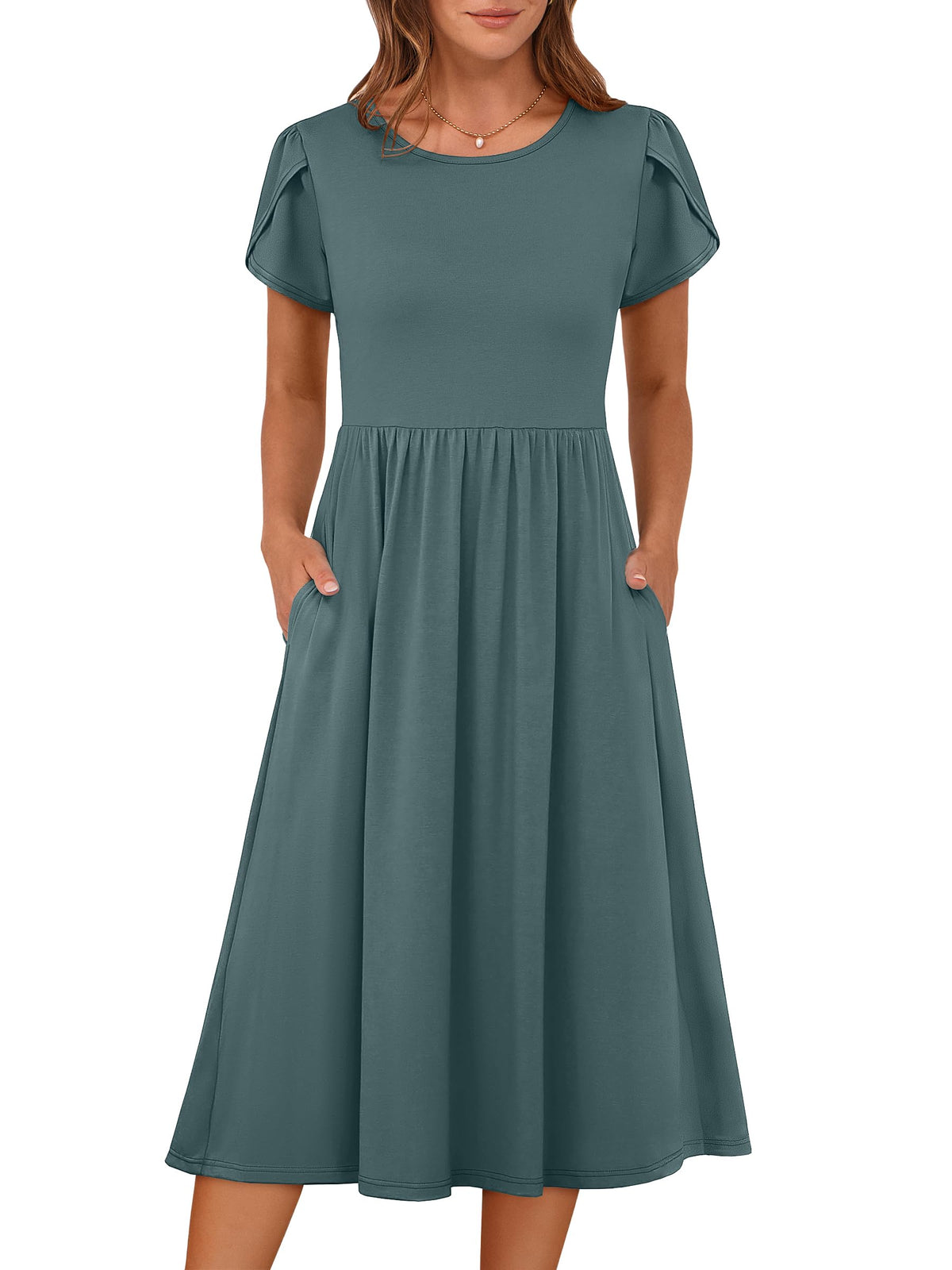 ANRABESS Women's Summer Petal Short Sleeve Midi Dress with Pockets
