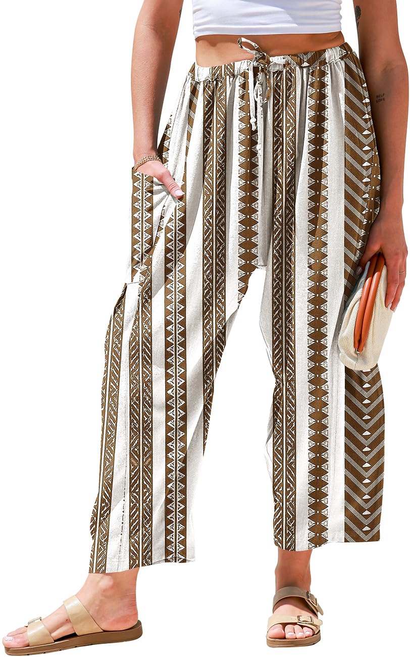 TARSE Womens Wide Leg Striped Linen Pants with Pocket