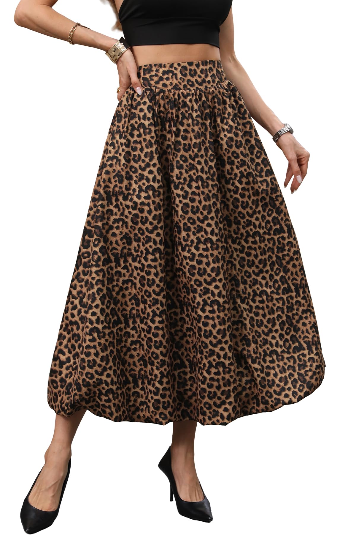 ELLEVEN Women's Bubble Maxi Skirt, Elastic Waist Puffy Hem A-Line Skirts