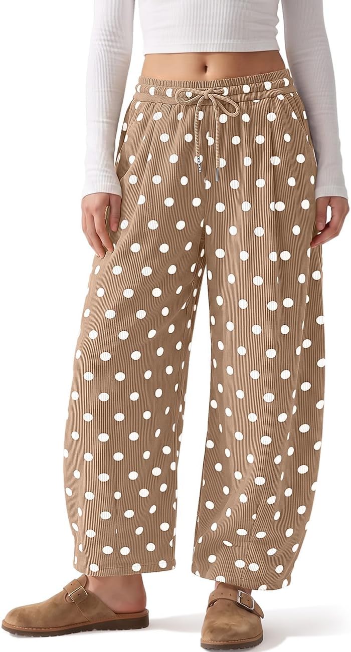 TARSE Women's Corduroy Barrel Pants Polka Dot Wide Leg Pants with Pockets