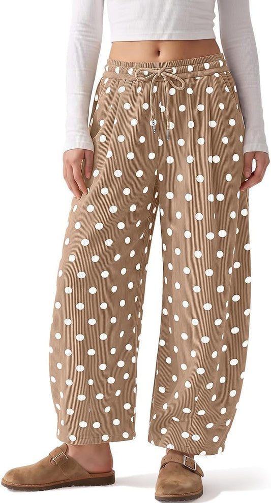 TARSE Women's Corduroy Barrel Pants Polka Dot Wide Leg Pants with Pockets