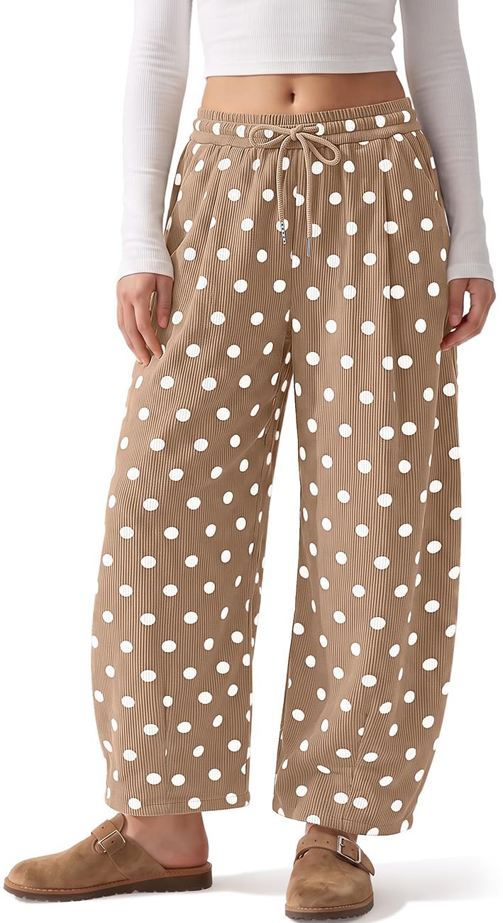TARSE Women's Corduroy Barrel Pants Polka Dot Wide Leg Pants with Pockets