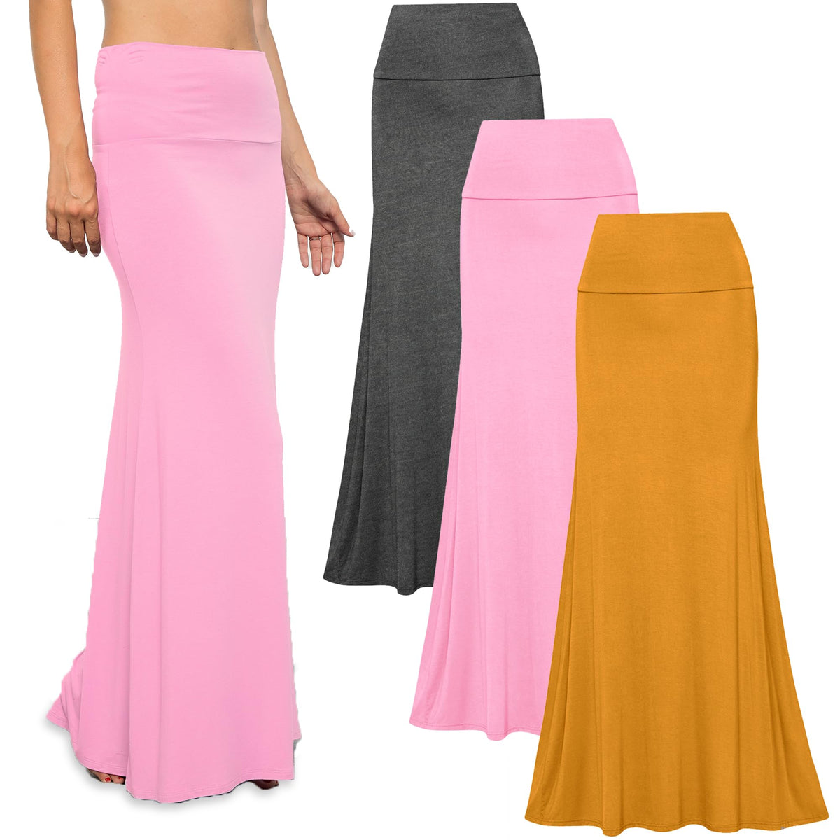 Free to Live 3 Pack Long Skirts for Women Fall Stretchy Flowy Maxi Skirt Dressy Casual for Work, Soft Fold Over High Waisted