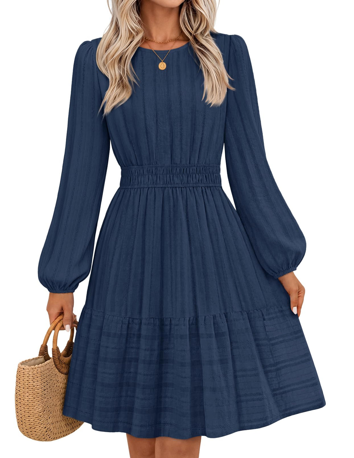 MEROKEETY Women's Fall Long Puff Sleeve Casual Boho Flowy Dress