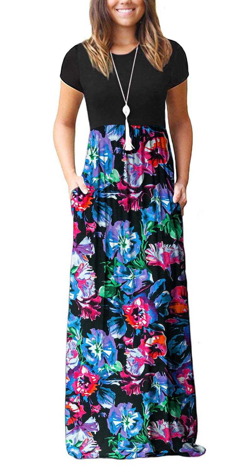 DEARCASE Maxi Dress for Women Short Sleeve Casual Summer Loose Plain Comfy Long Dresses with Pockets