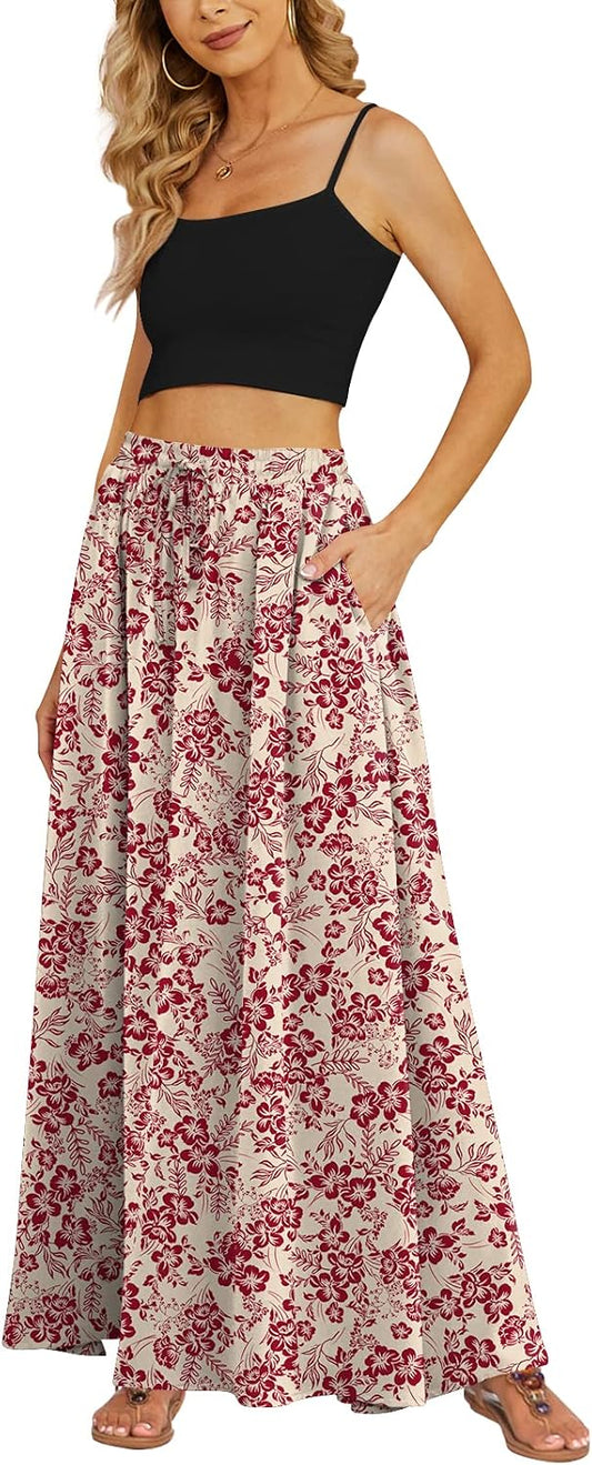 Yincro Women's Maxi Skirt Flowy High Waist Casual Long Skirts with Pockets