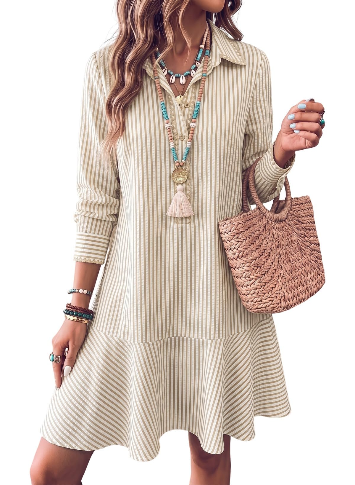Dokotoo Womens Dresses Striped Button Embroidered Ruffle Hem Mini Dress