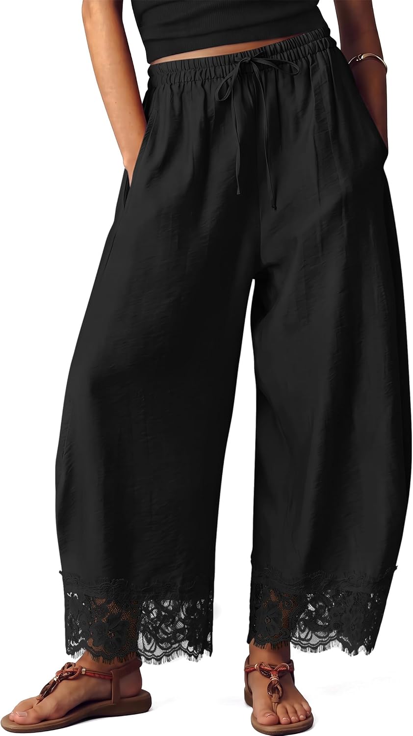 IWH Cropped Lace Trim Pants Women Wide Leg Barrel Silk Bottom Petite Length