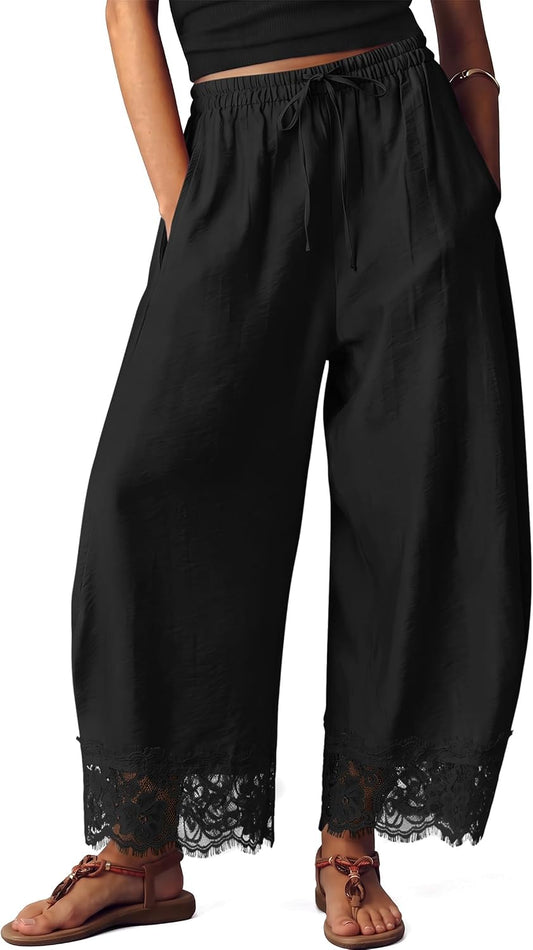 IWH Cropped Lace Trim Pants Women Wide Leg Barrel Silk Bottom Petite Length