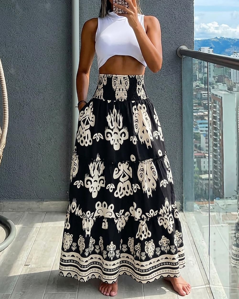 CHICME Women's Boho Floral Summer Maxi Skirt with Pockets Vacation Outfit