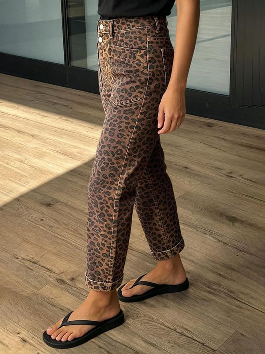 Flamingals Mid Waist Cropped Straight Leg Pants for Women