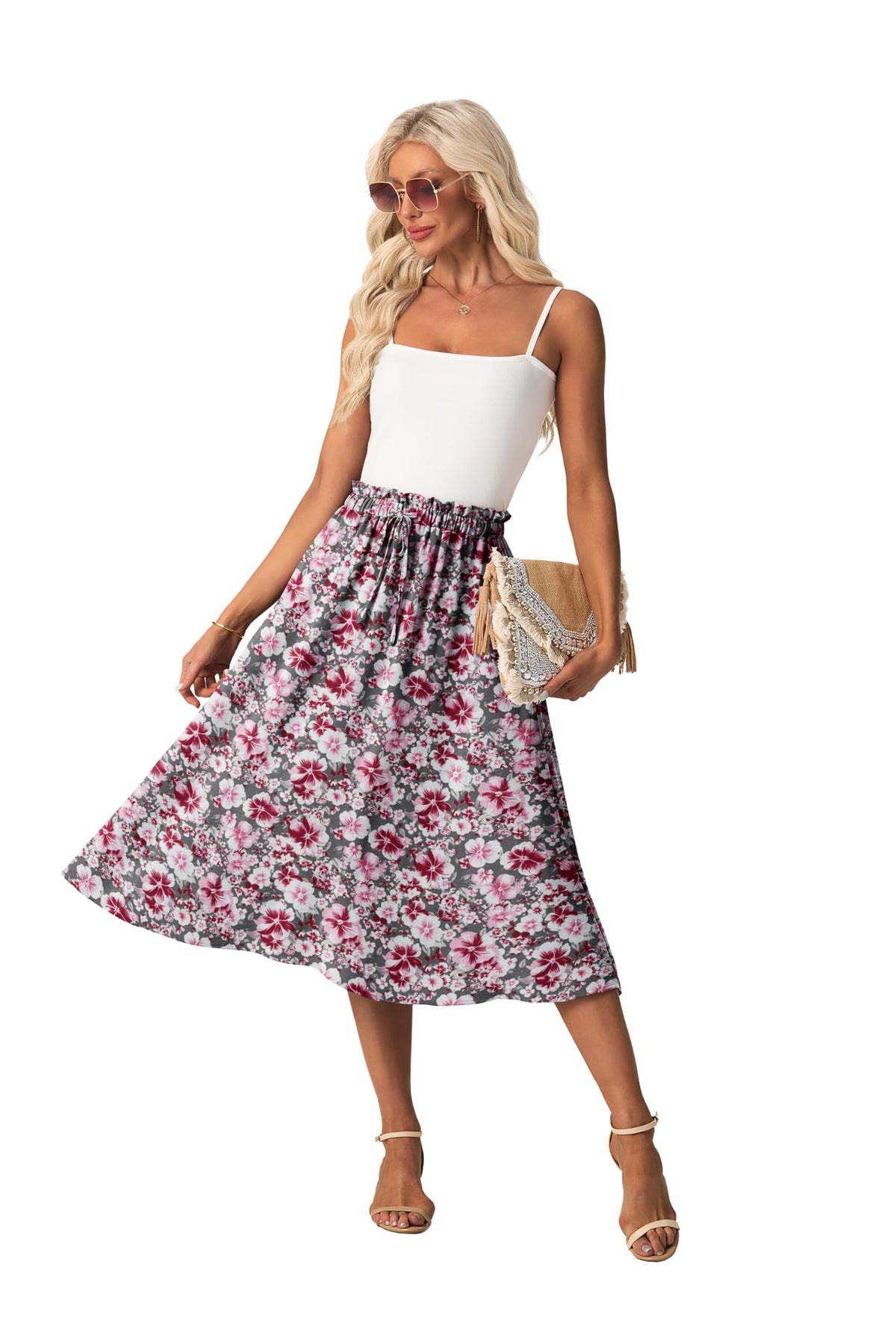 FREEOAK High Waist Skirts for Women Below Knee Casual Flowy Summer Midi Skirts Palazzo A-Line Long Skirt with Pockets