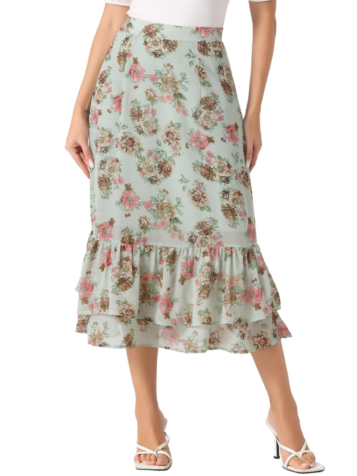 Allegra K Women's Printed Skirt Chiffon Ruffle Tiered Flowy Midi Skirts